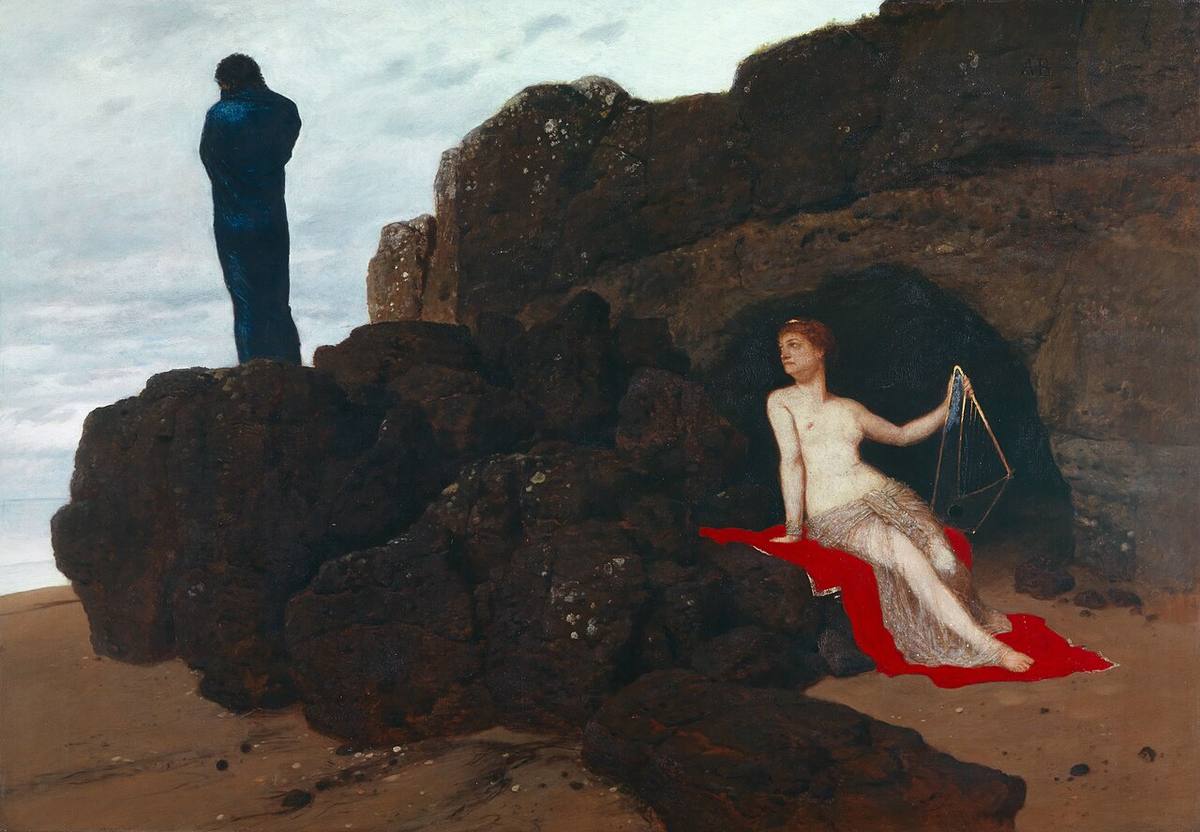 Painting: Odysseus in dark robes stares out to sea from the rocks while Calypso watches from her cave