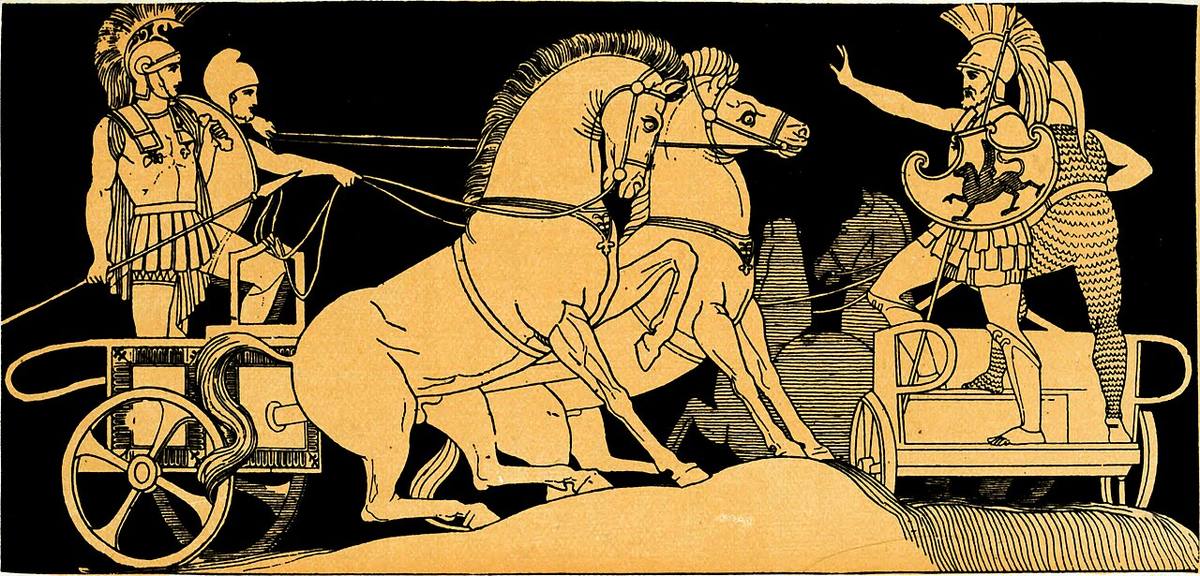 Engraving: Hector's chariot at the Trojan trench before the Greek wall