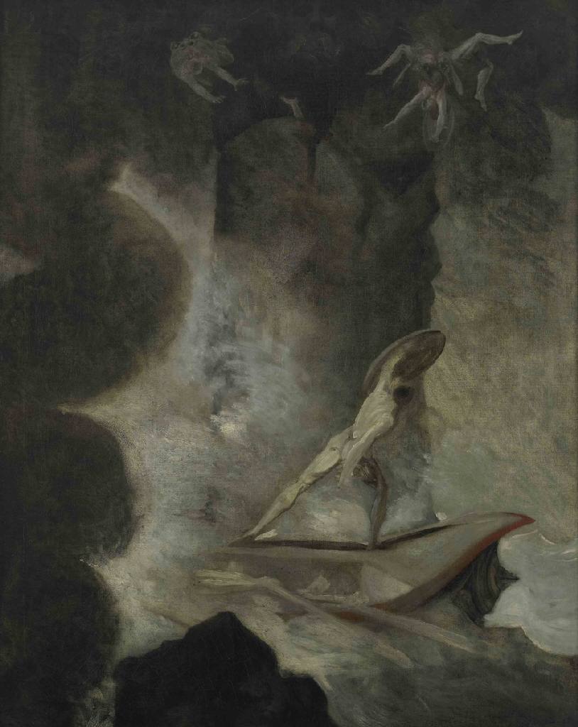 Painting: the ship passes beneath the looming darkness of Scylla