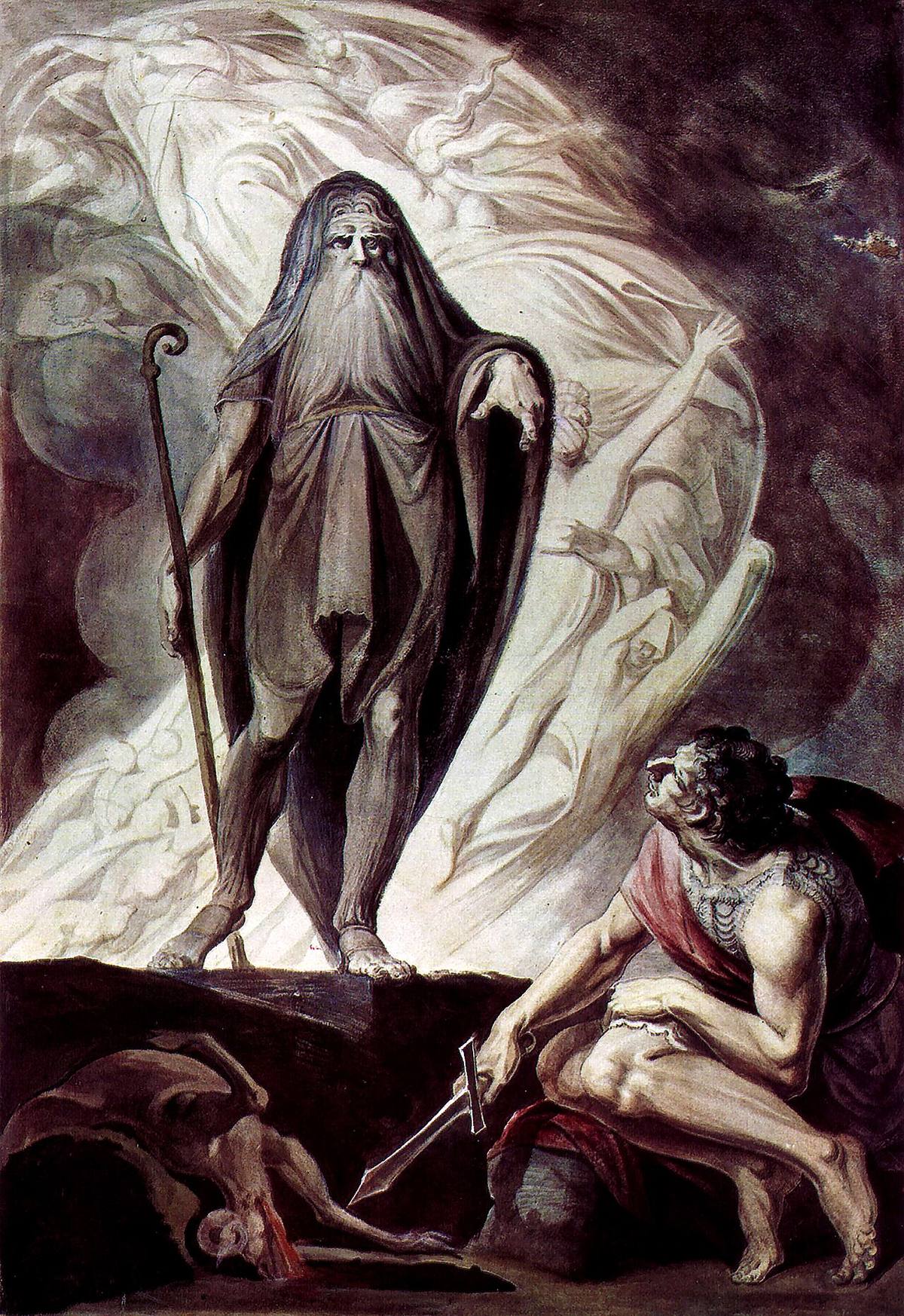 Painting: the towering ghost of the prophet Tiresias appears to Odysseus at the blood offering