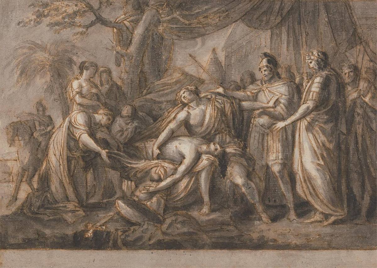 Drawing: Achilles grieves over the body of Patroclus in the Greek camp