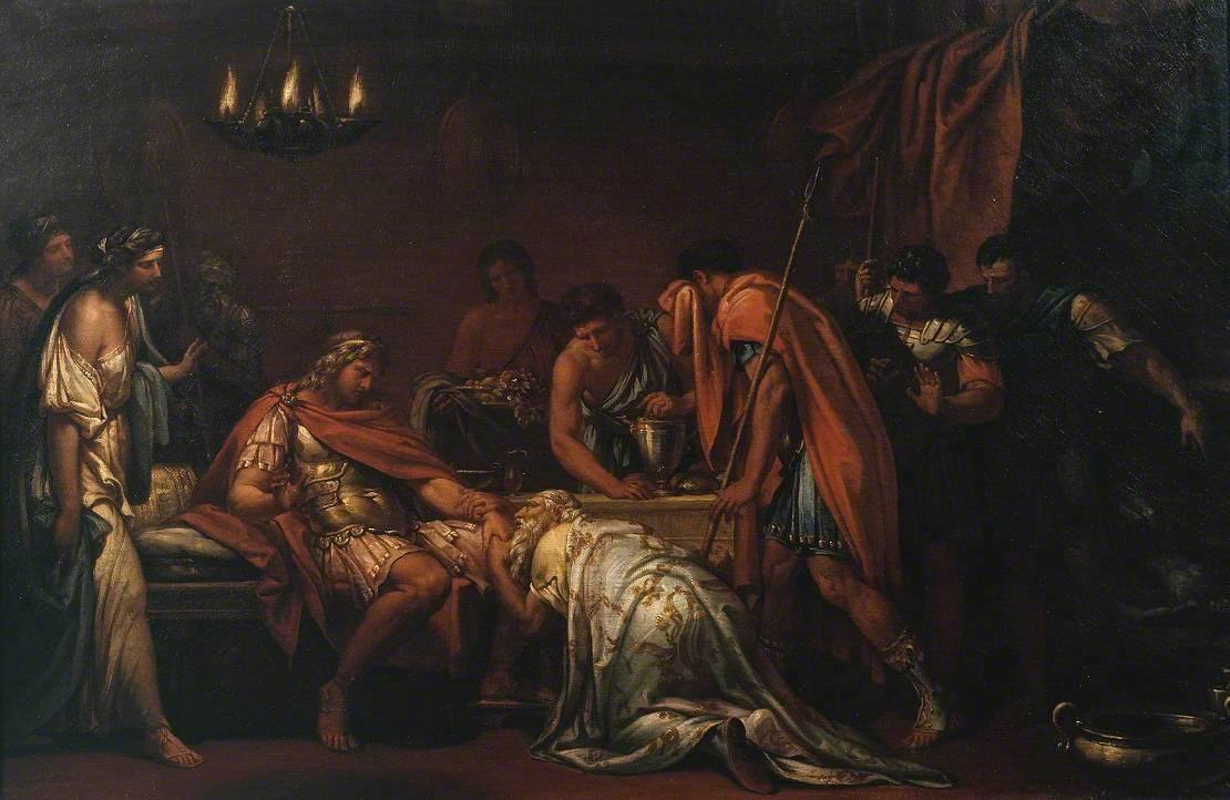 Painting: King Priam kneels and clasps the hand of Achilles, begging for the return of Hector's body