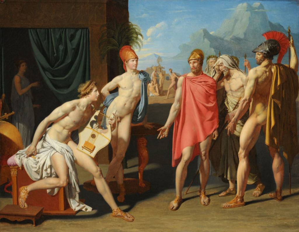 Painting: Achilles with his lyre and Patroclus receive Odysseus, Ajax, and Phoenix in the tent