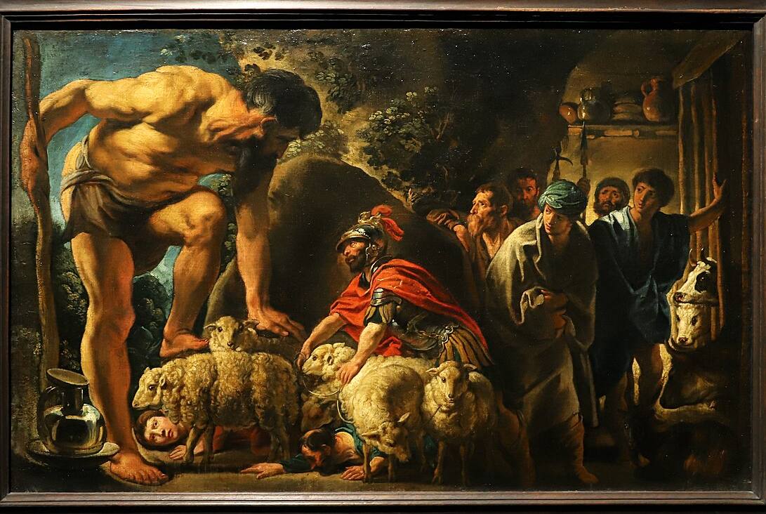 Painting: Odysseus and his men among the sheep in the cave of the giant Polyphemus