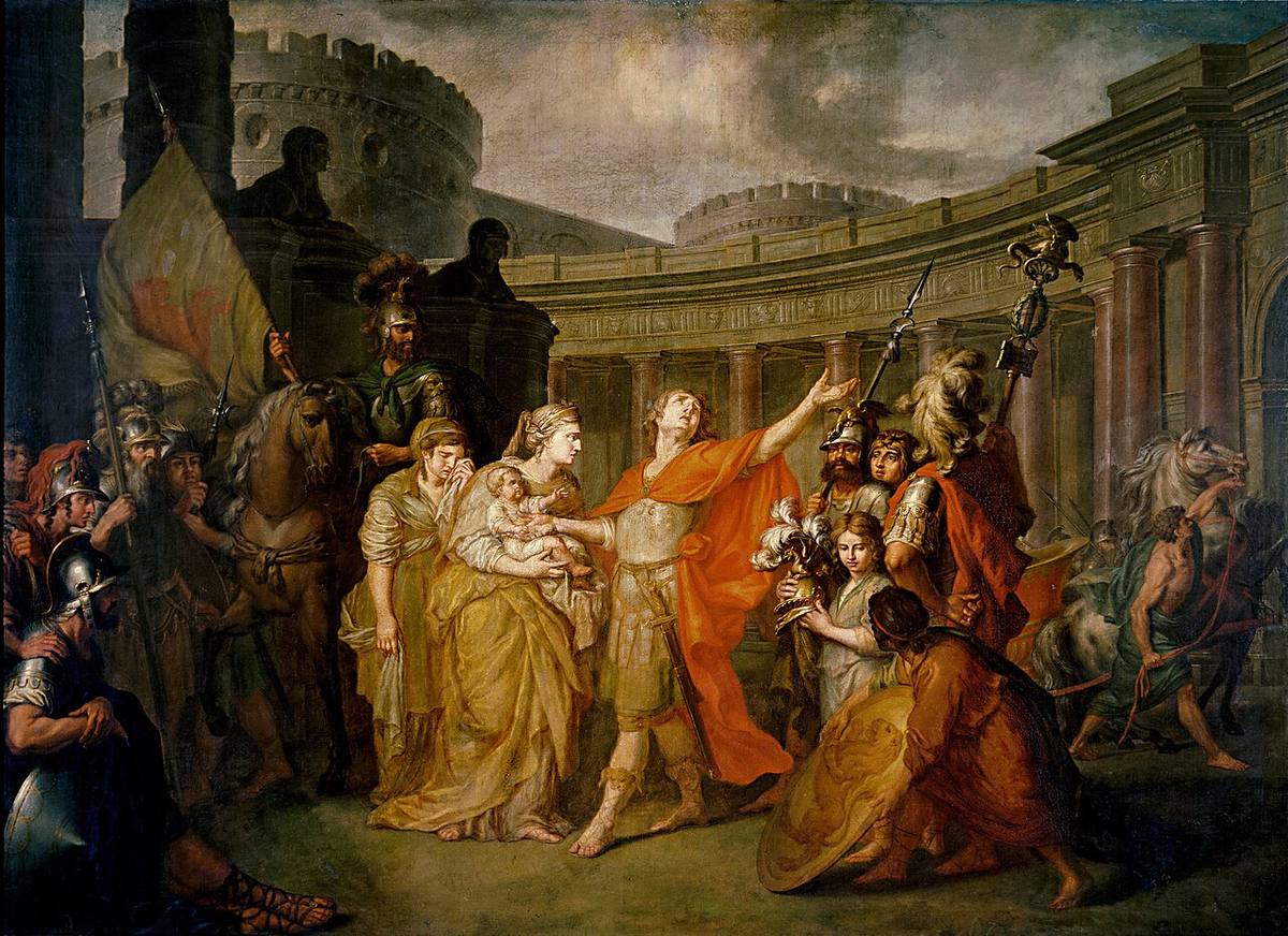Painting: Hector reaches toward his infant son in Andromache's arms before the walls of Troy