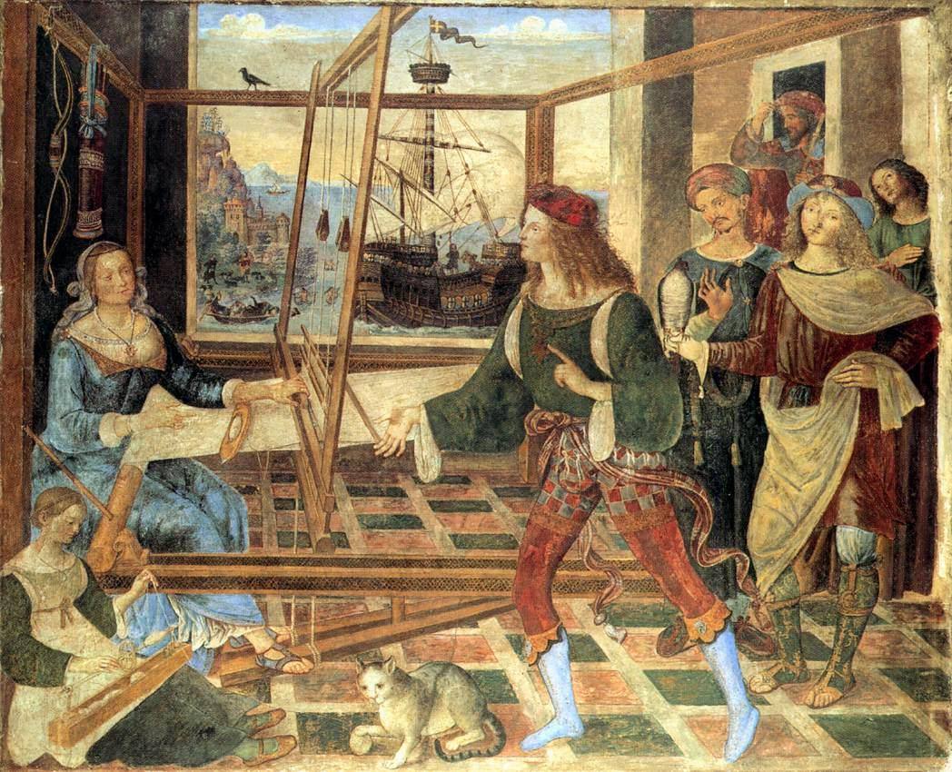 Painting: Penelope at her loom as Odysseus and the suitors enter the hall