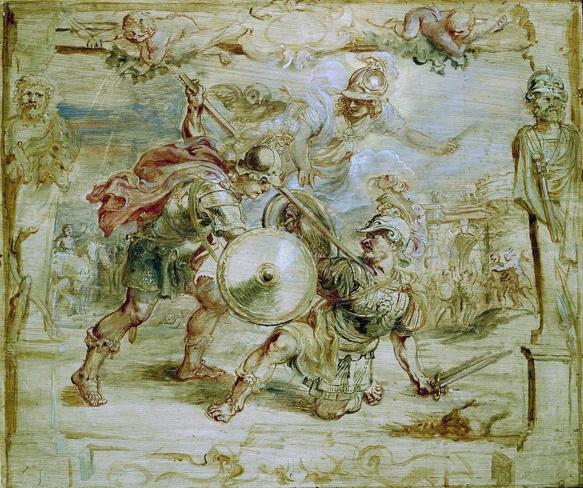 Painting: Achilles drives his spear into Hector as Athena hovers above