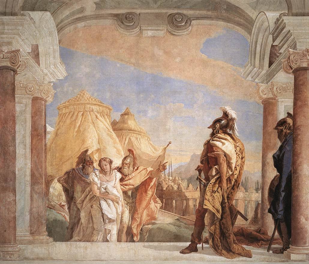 Painting: the heralds lead Briseis away from Achilles' camp