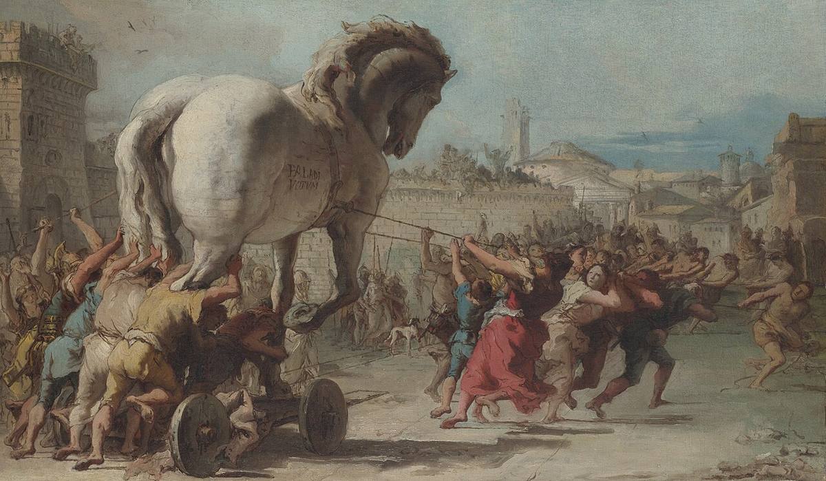 Painting: the wooden horse is hauled through the streets toward the walls of Troy