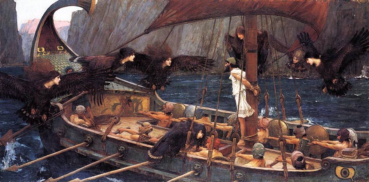 Painting: bird-bodied sirens swarm the ship while Odysseus strains against the mast